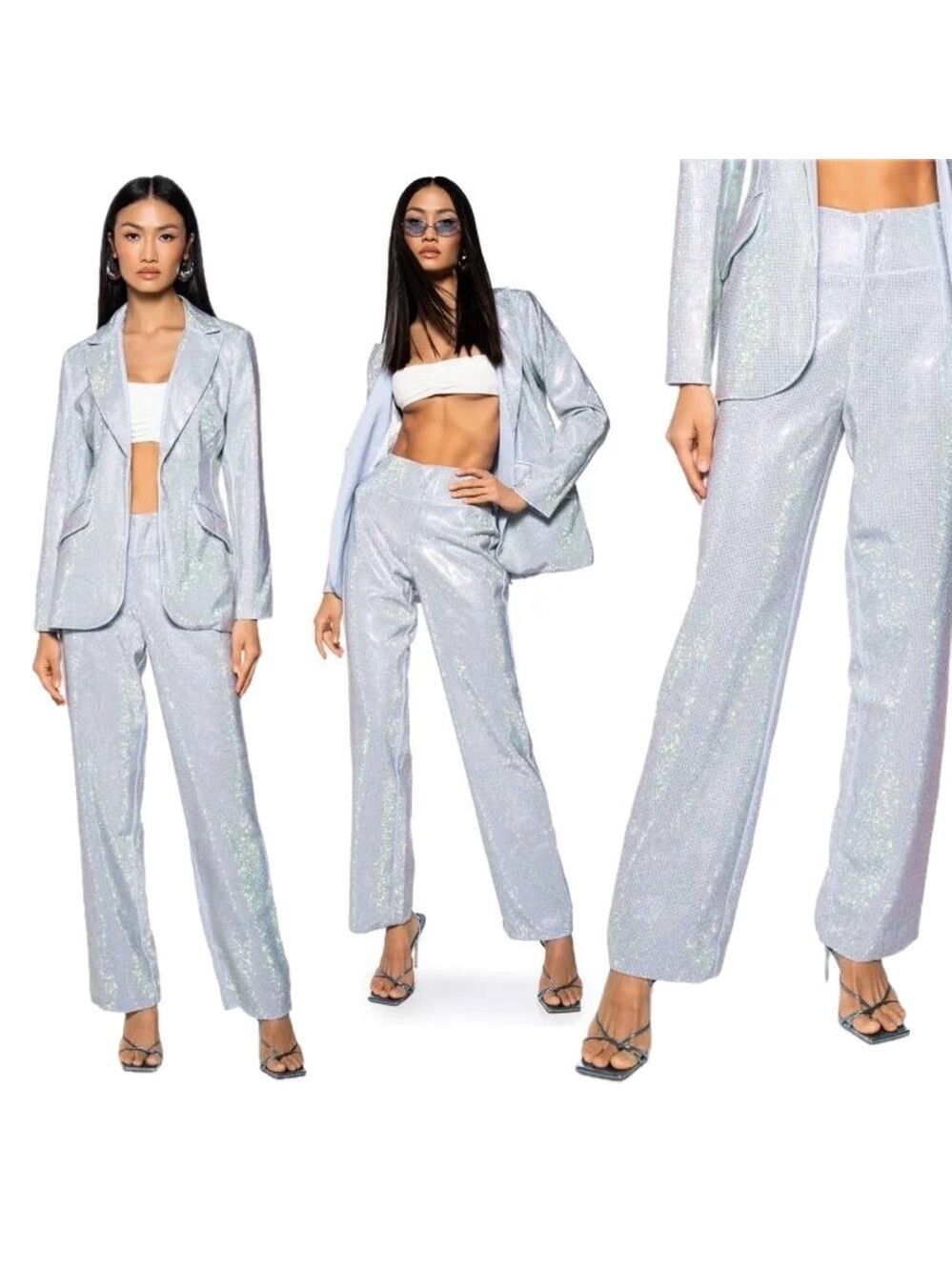 AKIRA POP STAR FITTED RHINESTONE EMBELLISHED DIAMONTE TROUSERS Blue Sz S NWOT